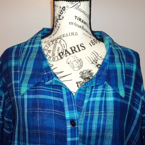 New Liz & Me Catherines Women's Plus 4X Blouse Top Blue Plaid Linen Cotton - Picture 1 of 13